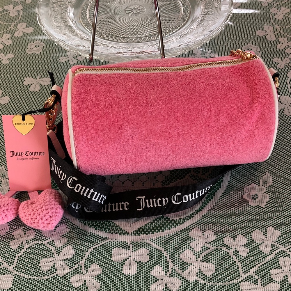 Juicy Couture Pink Velvet Barrel Bag with Heart Charm and Strawberry Pouch - Picture 9 of 11